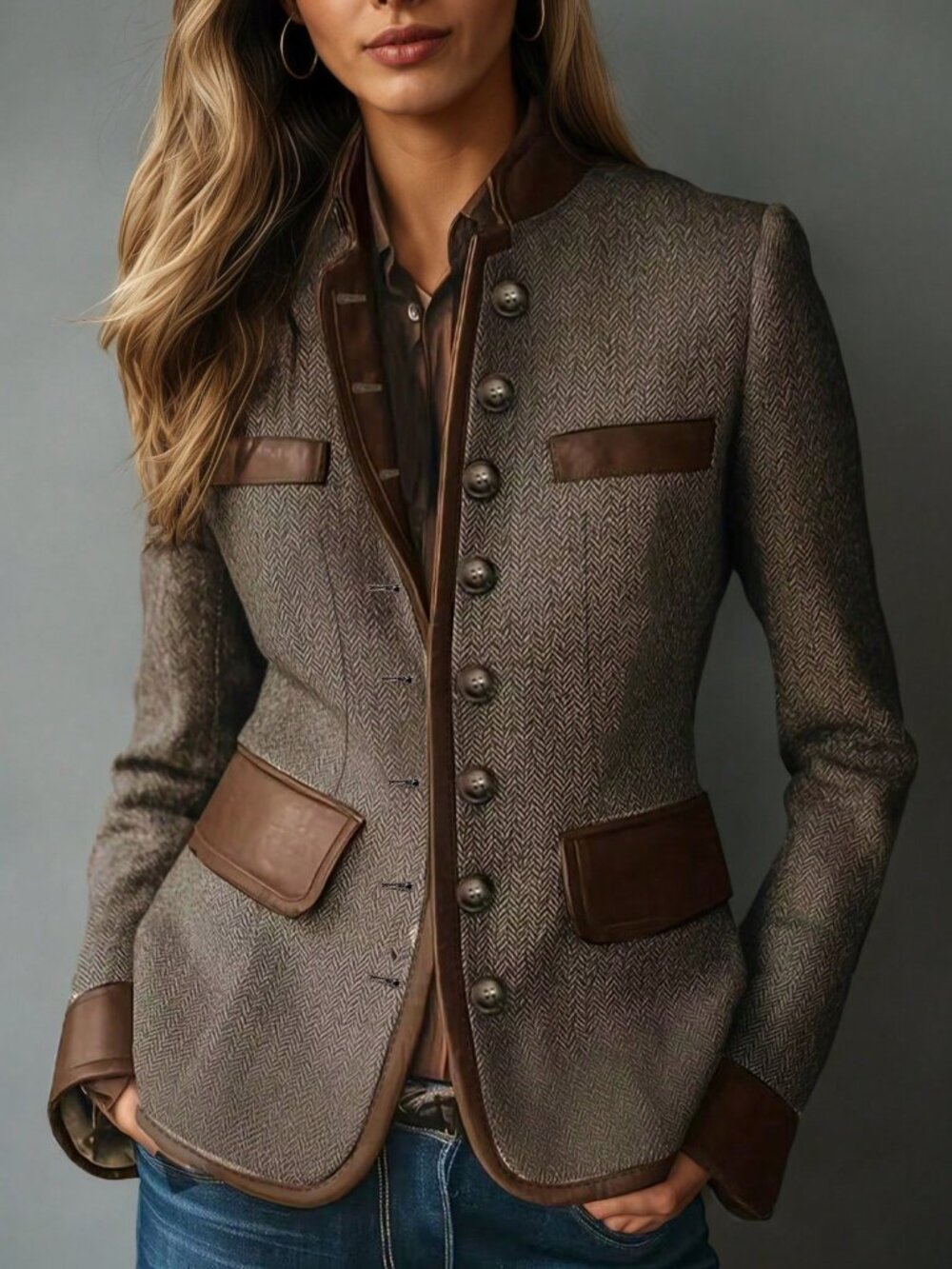 Khaki Elegant Women's Contrast Patchwork Double Pocket Button Fitted Blazer
